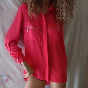 Orange and Pink Button Down Shirt with Cuffed Sleeves